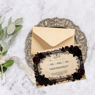 Cartão RSVP Casamento Vitoriano de Luxo com Renda Preta e Roma