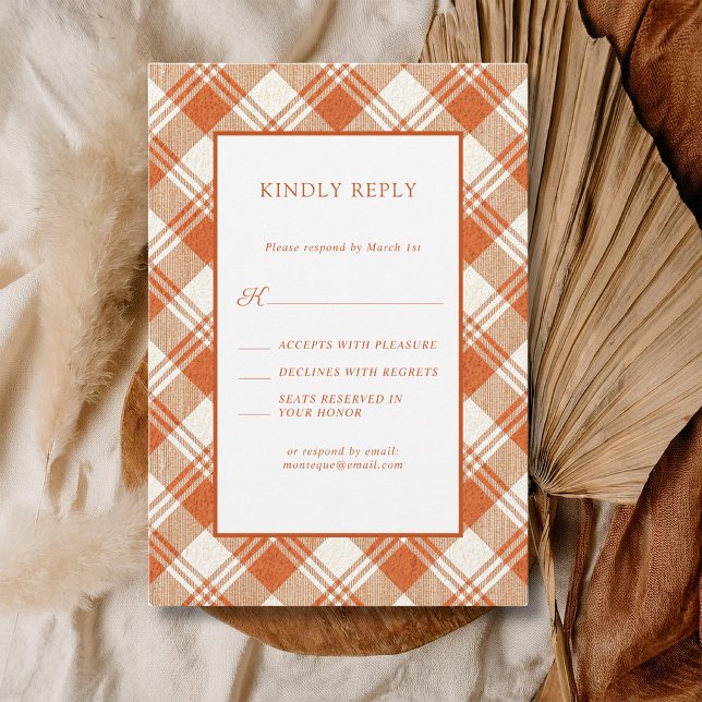 Cartão RSVP Casamento Xadrez Gingham Laranja Rústico Sofocado (Criador carregado)