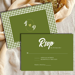 Cartão RSVP Casamento Xadrez Minimalista Verde Oliva Retro