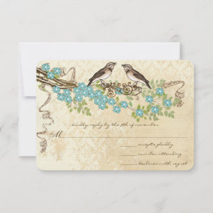 Cartão RSVP Casamentos de Pássaros Vintage com Flor de Cerejei