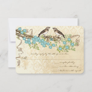Cartão RSVP Casamentos de Pássaros Vintage com Flor de Cerejei