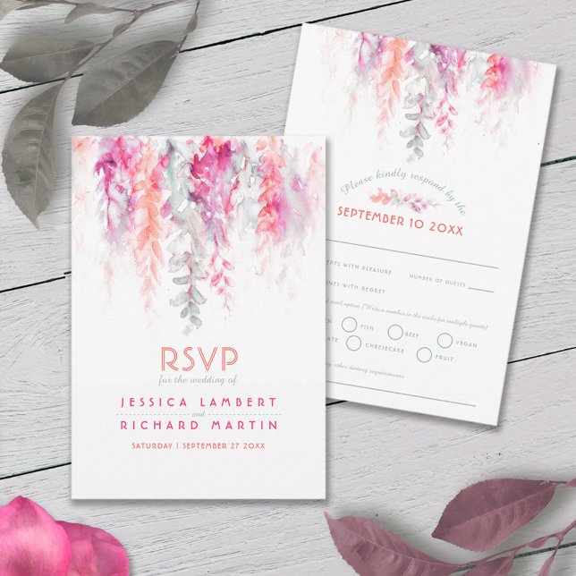 Cartão RSVP Cascata de água salgada sábio verde coral rosa (Criador carregado)