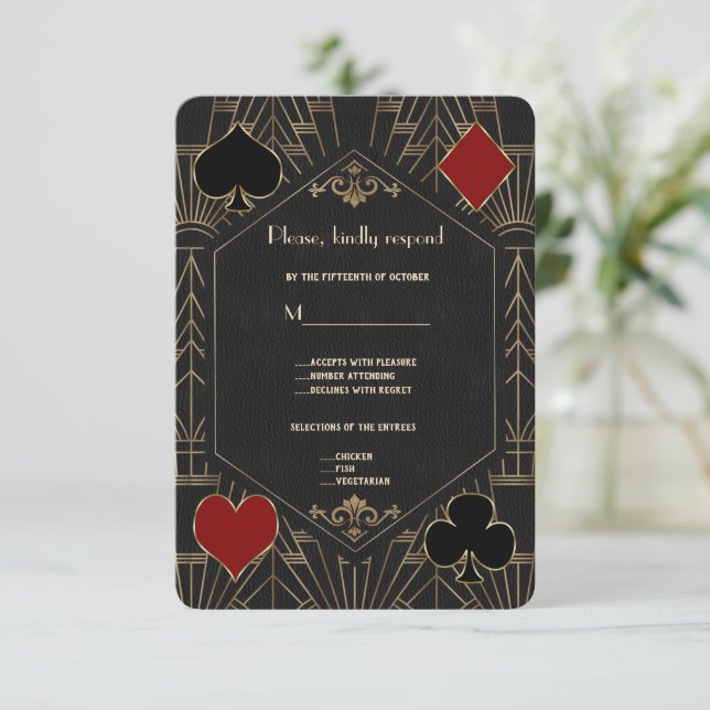 Cartão RSVP Casino Gold Black Gatsby 1920s Gambling Wedding (Em pé/Frente)