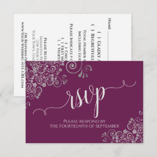 Cartão RSVP Cassis Roxo Elegante Caligrafia Renda Casamento
