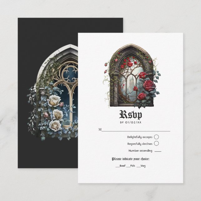 Cartão RSVP Castelo de Fantasia Sombria Janela Casamento Gótic (Frente/Verso)