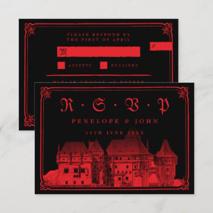 Cartão RSVP Castelo Gótico de Vampiros Entrada Vermelha e Pret