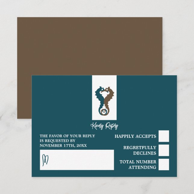 Cartão RSVP Cavalo-do-mar Romance, Casamento de praia (Frente/Verso)