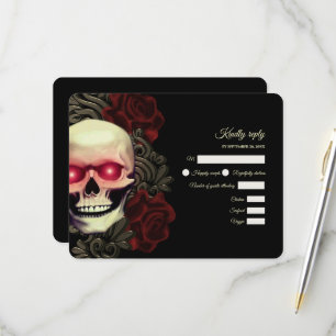 Cartão RSVP Caveira gótica floral vermelha assustadora com hal