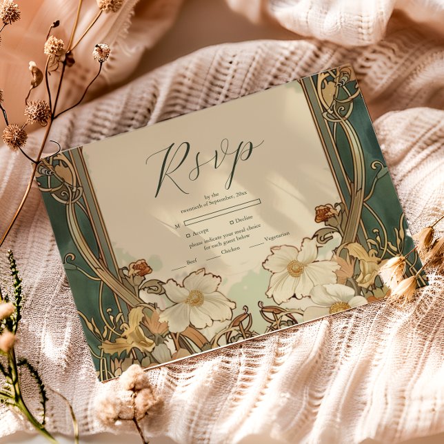 Cartão RSVP Celebração Floral de Casamento Art Nouveau (Criador carregado)