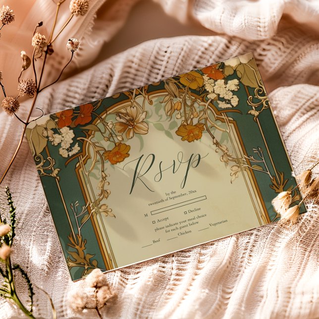 Cartão RSVP Celebração Floral de Casamento Art Nouveau (Criador carregado)