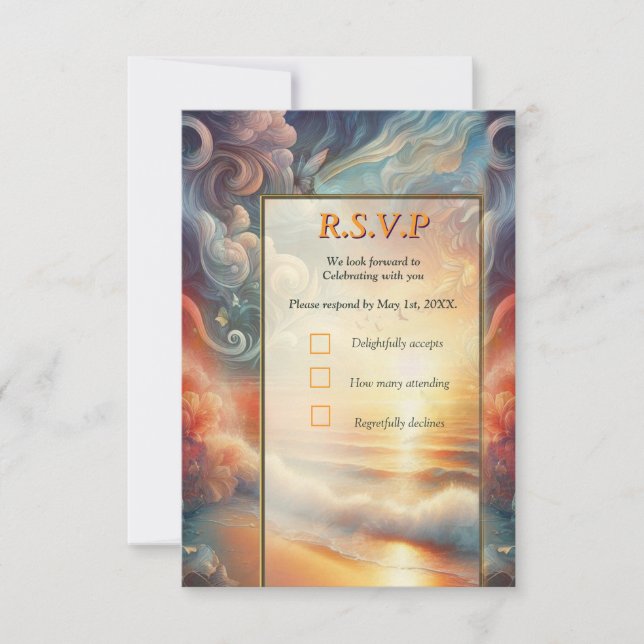 Cartão RSVP Celebrações de Casamento à beira-mar na praia (Frente)