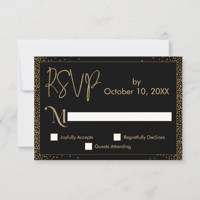 Cartão RSVP Celebrações Faux Dourado Confetti em Preto (Frente)