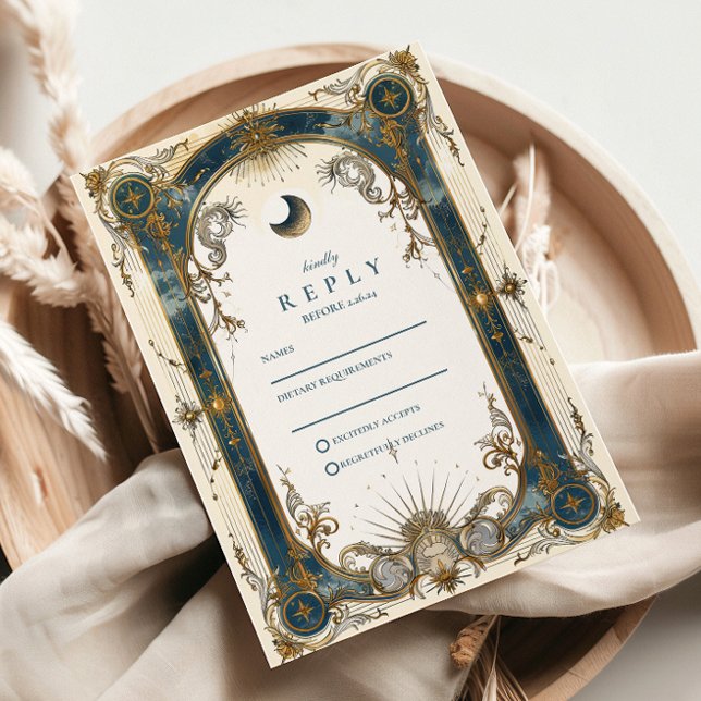 Cartão RSVP Celestial Art Nouveau Blue Gold Wedding (Criador carregado)