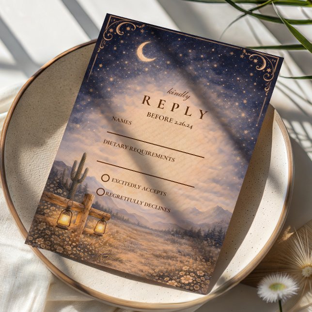 Cartão RSVP Celestial Desert Moonlit Western Wedding (Criador carregado)