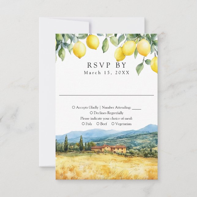 Cartão RSVP Cena de casamento italiano de limões em aquarela (Frente)