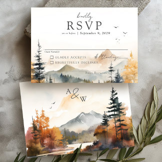 Cartão RSVP Cena de montanha de árvore de outono em aquarela C