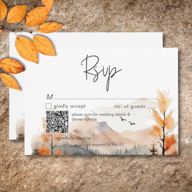 Cartão RSVP Cena de Montanha Rústica Cód. Água Código QR (Rustic Fall Mountain Scene Watercolor QR Code RSVP Card)