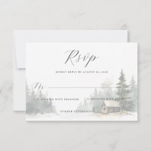 Cartão RSVP Cena Pacífica de Cabana em Aquarela de Inverno