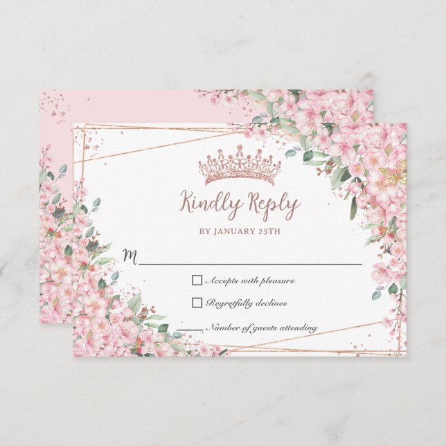 Cartão RSVP Cerejeiras em Flor Dourado Rosa Doce 16 Quinceañer (Frente/Verso)