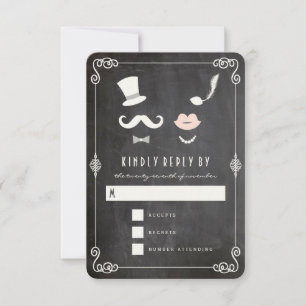 Cartão RSVP Chalkboard Mustache E Lábios Vintage Casamento Chi