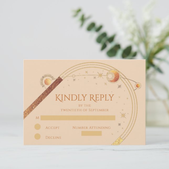 Cartão RSVP Champanhe Celestial Dourado Sun Moon Stars Casamen (Em pé/Frente)