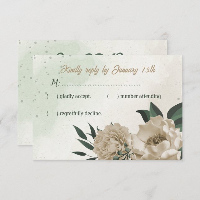 Cartão RSVP champanhe floresce casamento verde (Frente/Verso)