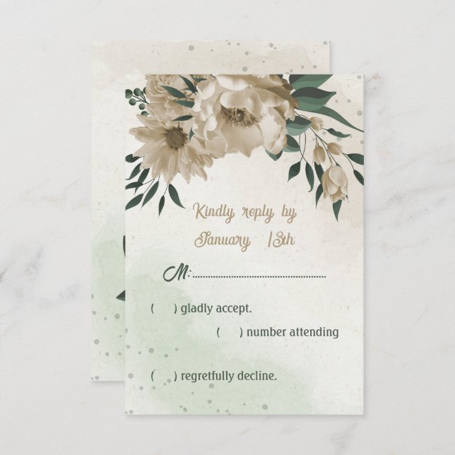 Cartão RSVP champanhe floresce casamento verde (Frente/Verso)