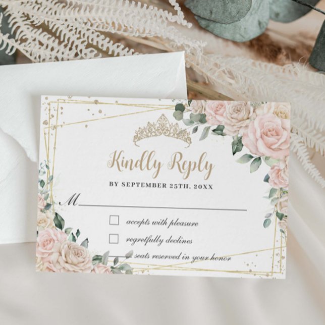 Cartão RSVP Champanhe Ivory Blush Floral Quinceañera Sweet 16 (Criador carregado)