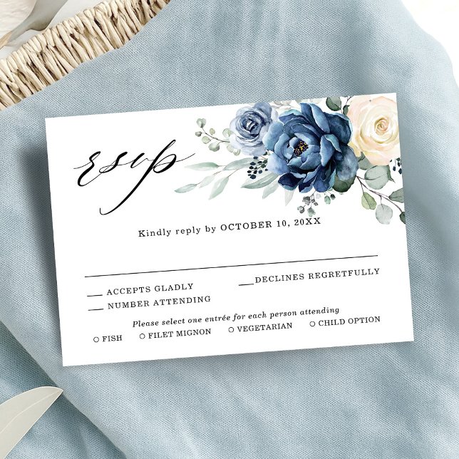 Cartão RSVP Champanhe Marinho Azul Ivory Floral Casamento RSV (Dusty Blue Navy Champagne Ivory Floral Wedding RSV RSVP Card)
