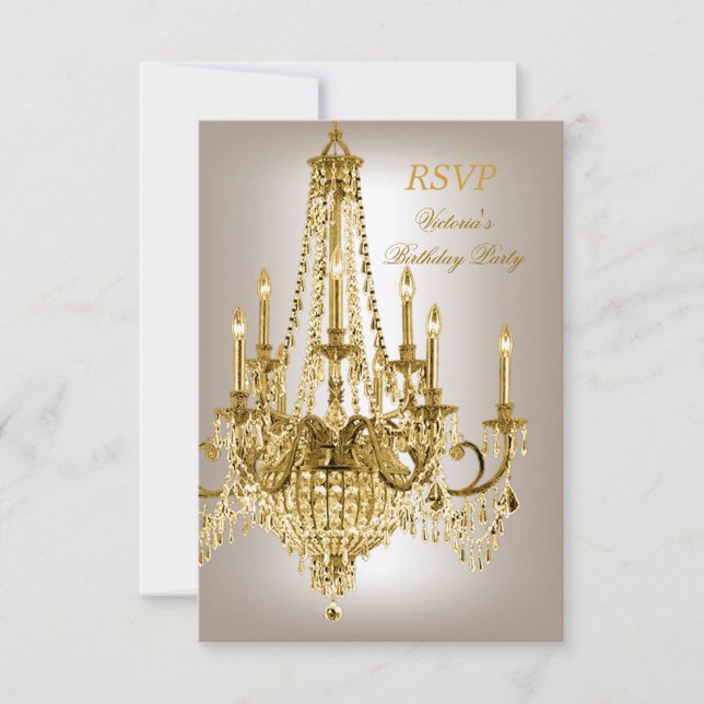Cartão RSVP Chandelier Metálico Dourado de Festa de aniversári (Frente)