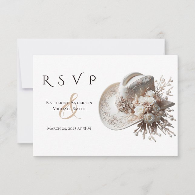 Cartão RSVP Chapéu branco de vaqueira com casamento de flores (Frente)