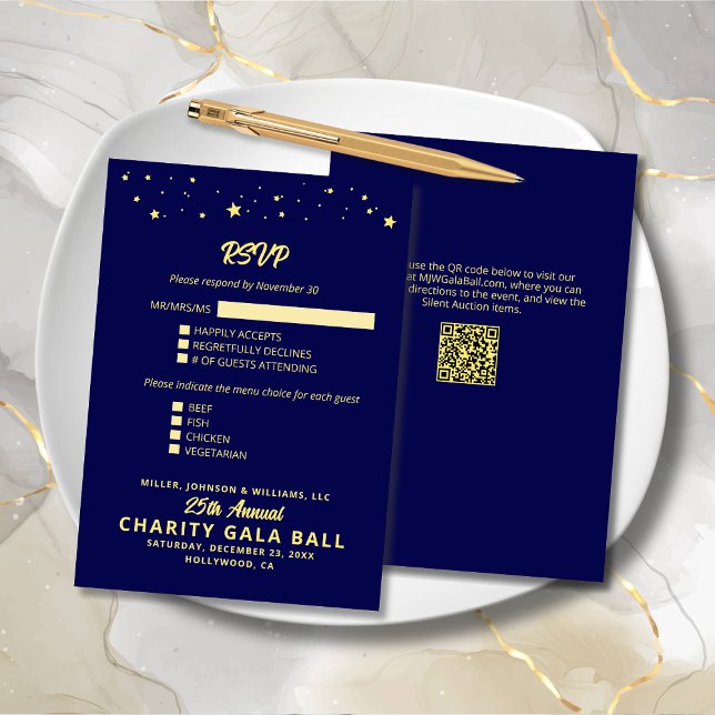 Cartão RSVP Charity Fundraiser Gala Evento Marinho Azul Dourad (Charity Fundraiser Gala Event Navy Blue and Gold RSVP Card with Menu Options, Event Details.)