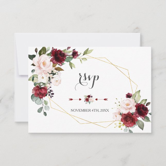 Cartão RSVP Charm Burgundy Blush Flores Dourado Casamento de Q (Frente)