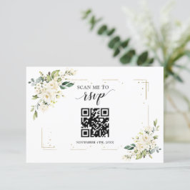 Cartão RSVP Charm White Floral Dourado Código QR Casamento
