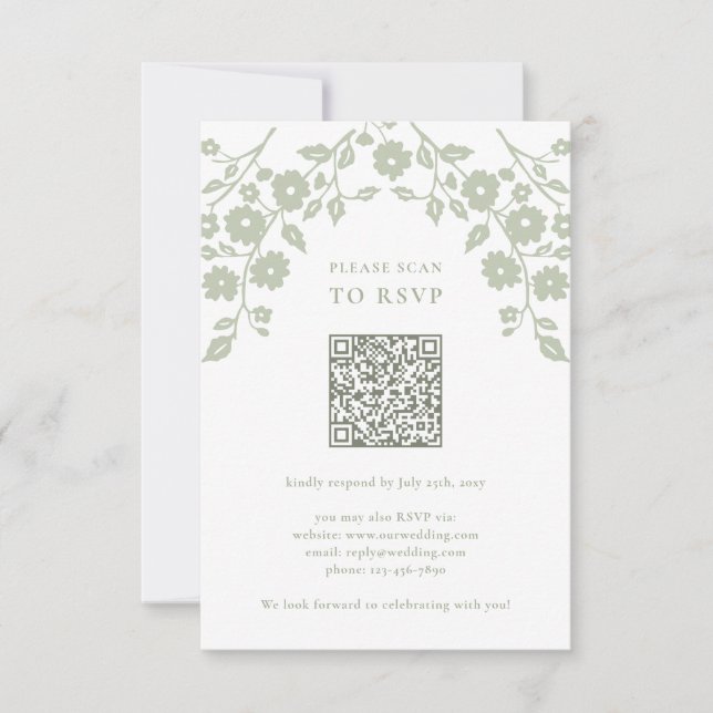 Cartão RSVP Charming Sage Green Foles Flowers Código QR (Frente)