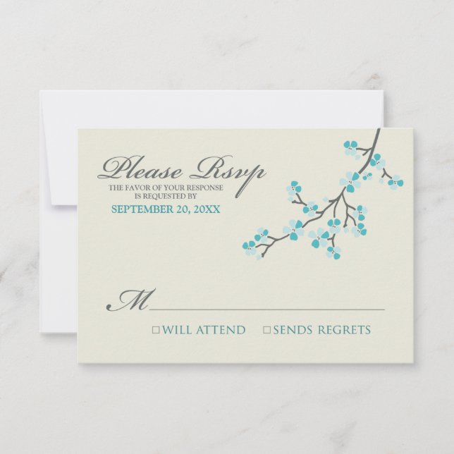 Cartão RSVP Cherry Blossoms (aqua/cinza) (Frente)