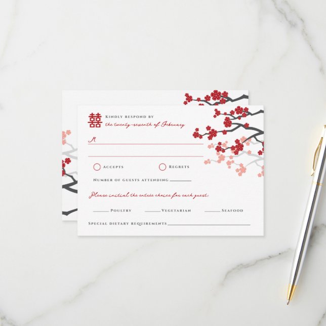 Cartão RSVP Cherry Blossoms Casamento Chinês de Dupla Felicida (Frente/Verso In Situ)