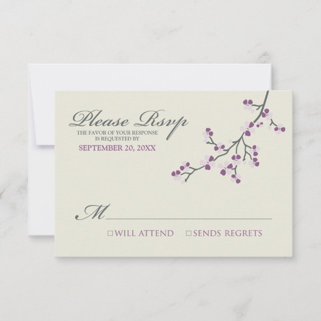 Cartão RSVP Cherry Blossoms (roxo/cinza) (Frente)