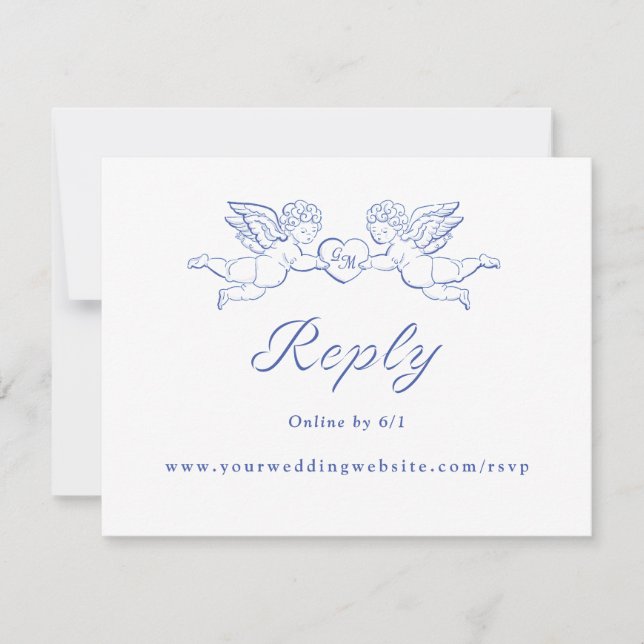 Cartão RSVP Cherub Cupid Couple Holding Heart Wedding Online (Frente)