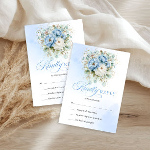 Cartão RSVP Chic Azul Claro Flores Brancas Eucalipto Casamento