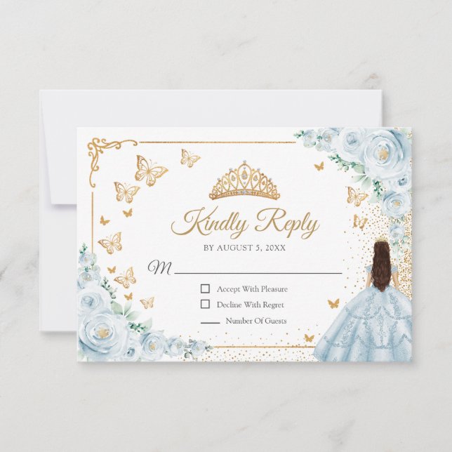 Cartão RSVP Chic Baby Blue Roses Gold Quinceanera Reply (Frente)