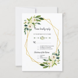 Cartão RSVP Chic Branco Verde Floral Dourado Quadro Casamento 