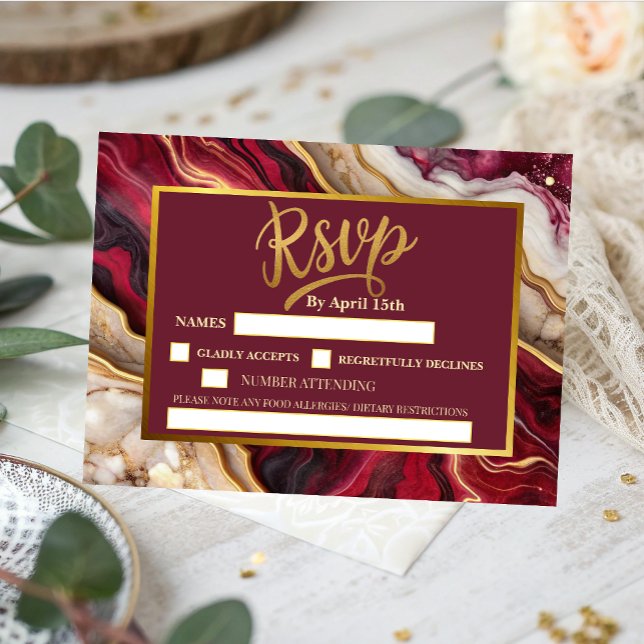 Cartão RSVP Chic Burgundy Ouro Ágata Mármore Casamento Moderno (Criador carregado)