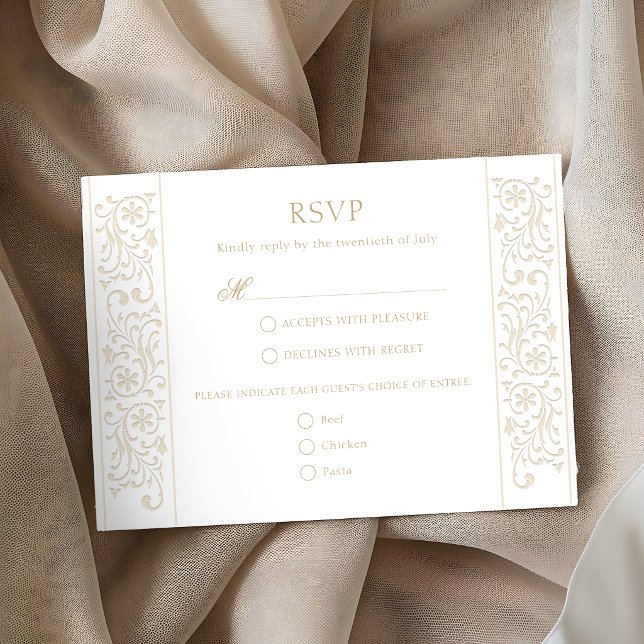 Cartão RSVP Chic Formal Ecru Scrollwork Border Wedding (Criador carregado)