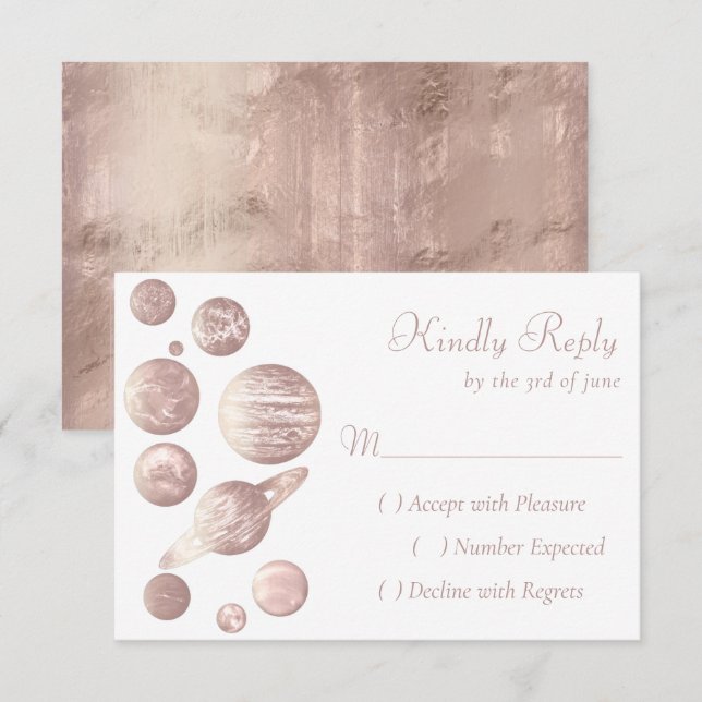 Cartão RSVP Chic geek | Planetas Dourados de Rosa de cobre mín (Frente/Verso)