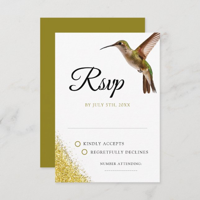 Cartão RSVP Chic Green Hummingbird e Dourado Casamento de Poei (Frente/Verso)
