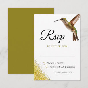 Cartão RSVP Chic Green Hummingbird e Dourado Casamento de Poei