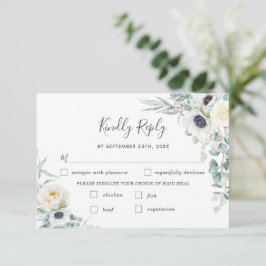 Cartão RSVP Chic Ivory Peony White Floral Casamento Floral Esc