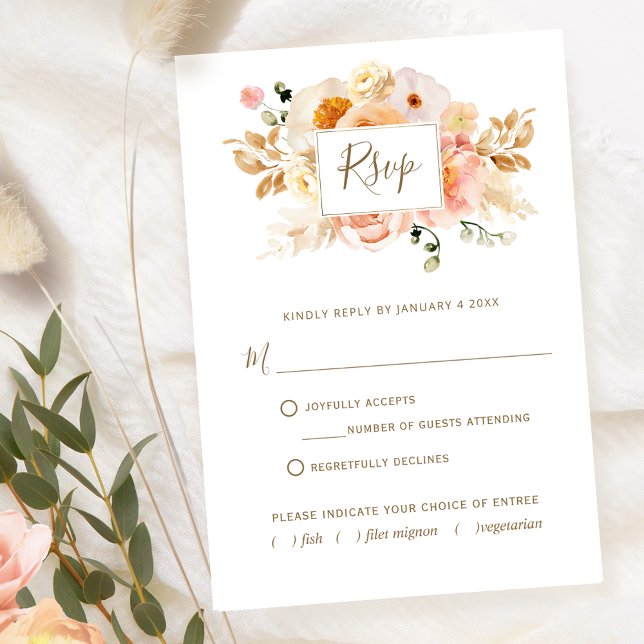 Cartão RSVP Chic Peach Floral com ou sem opções de refeições (Criador carregado)