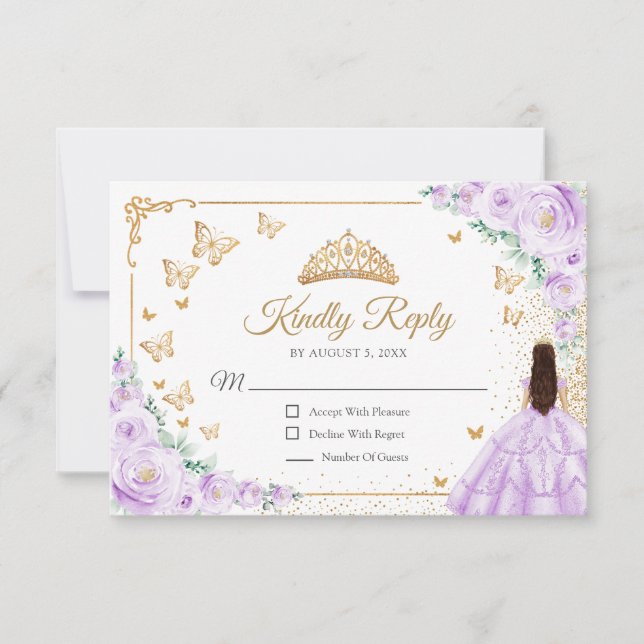 Cartão RSVP Chic Purple Lilac Roses Gold Quinceanera Reply (Frente)